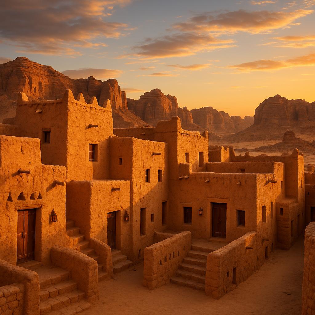 Dar Tantora The House Hotel traditional mudbrick building with desert surroundings in AlUla