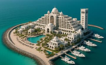 Aerial view of Jumeirah Marsa Al Arab resort and private peninsula in Dubai.
