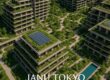 Aerial view of Janu Tokyo sustainable features with green roofs and solar panels
