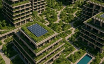 Aerial view of Janu Tokyo sustainable features with green roofs and solar panels
