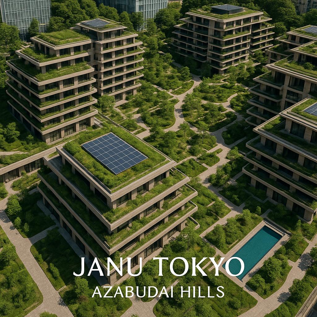 Aerial view of Janu Tokyo sustainable features with green roofs and solar panels