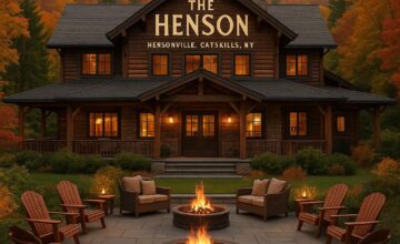 The Henson lodge nestled in autumn forest in Catskills, NY.