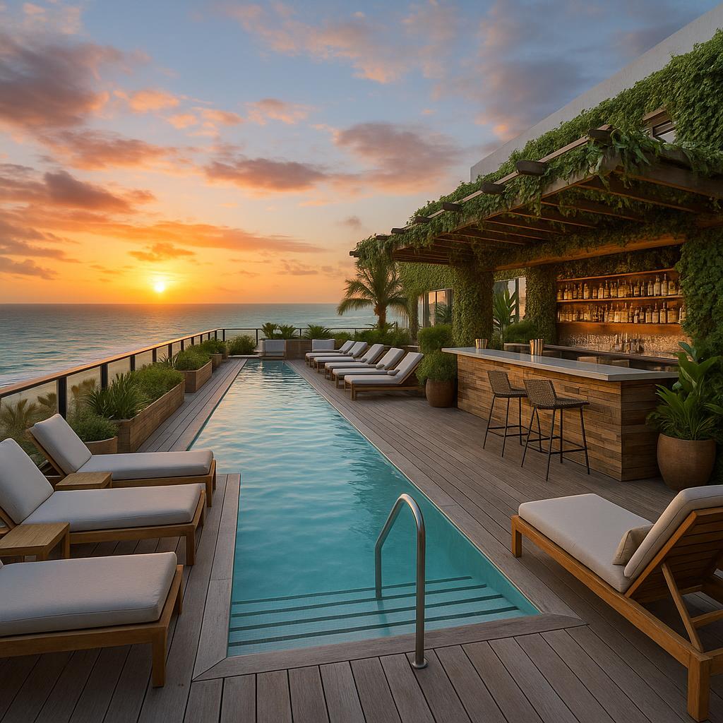 Oceanfront rooftop pool and bar at 1 Hotel South Beach