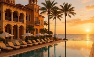 Infinity pool at Acqualina Resort overlooking the ocean with pastel Mediterranean-style buildings
