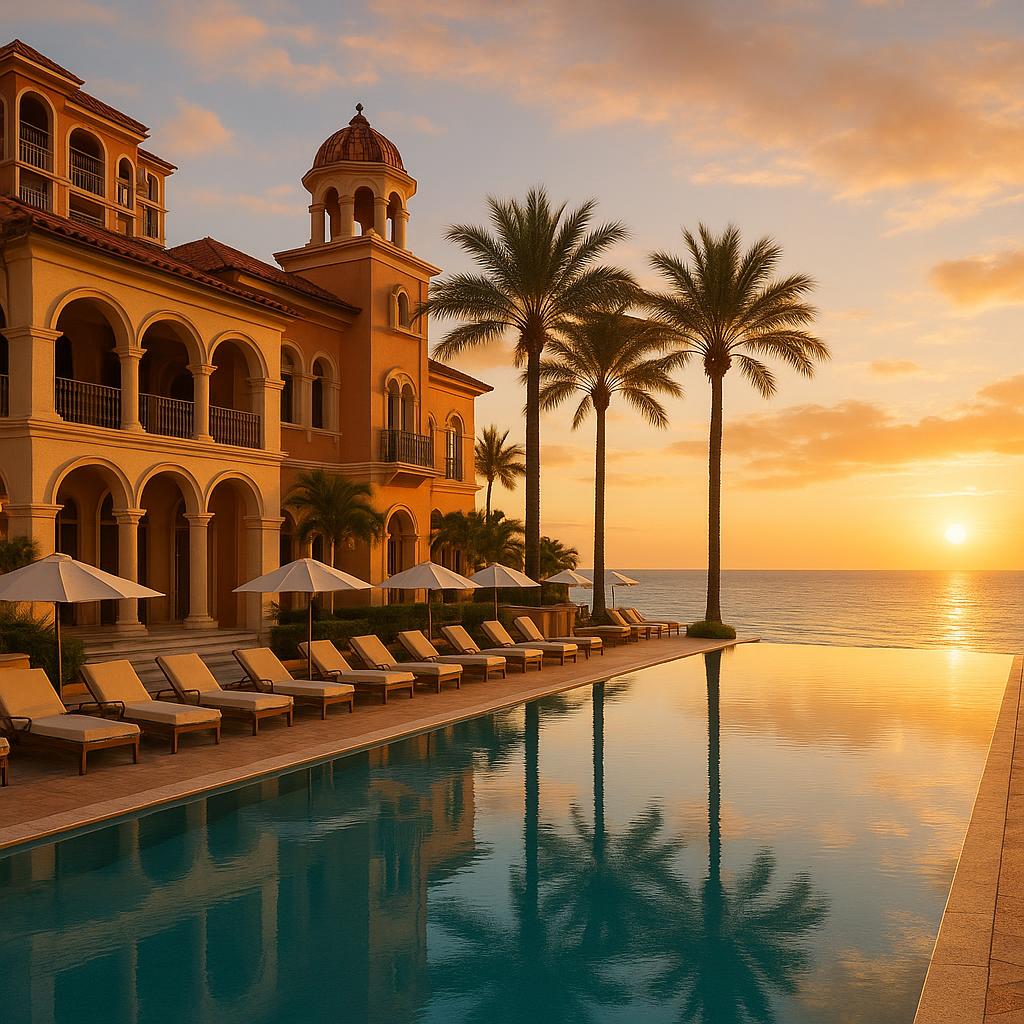 Infinity pool at Acqualina Resort overlooking the ocean with pastel Mediterranean-style buildings