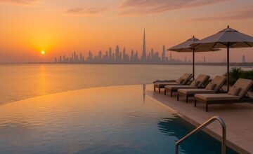 Infinity pool at Address Beach Resort with Dubai skyline and Arabian Gulf views