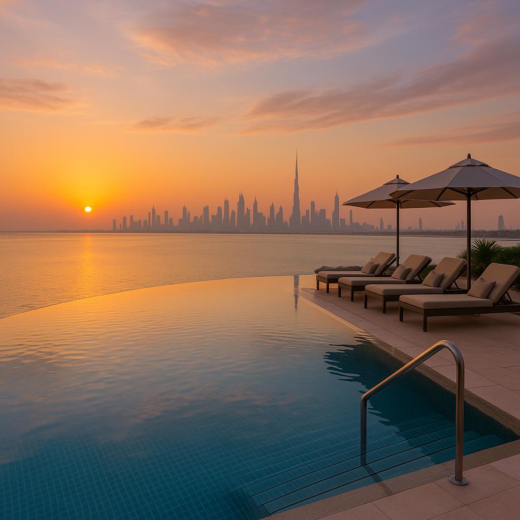 Infinity pool at Address Beach Resort with Dubai skyline and Arabian Gulf views