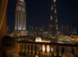 Address Downtown hotel with Dubai Fountain and Burj Khalifa illuminated at night