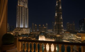 Address Downtown hotel with Dubai Fountain and Burj Khalifa illuminated at night