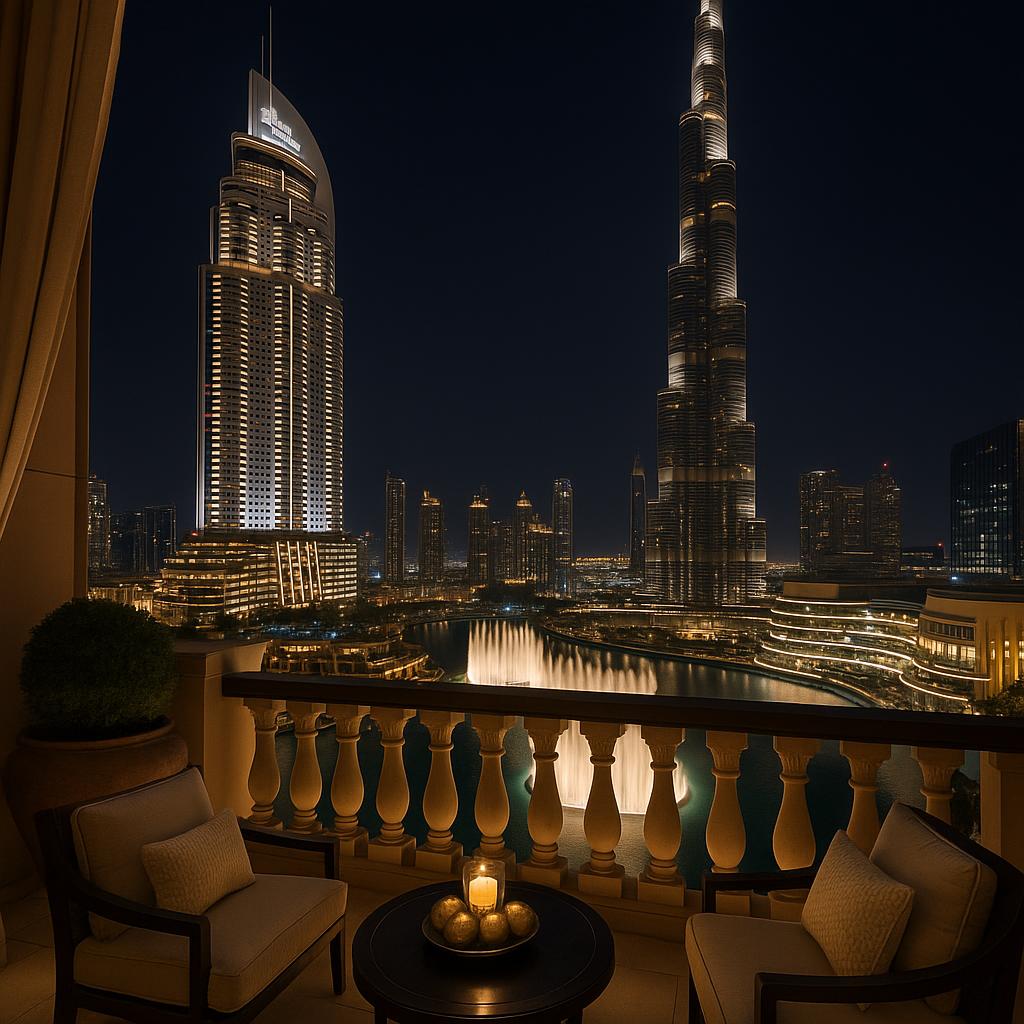 Address Downtown hotel with Dubai Fountain and Burj Khalifa illuminated at night
