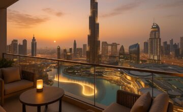 Balcony view of Burj Khalifa and Dubai Fountain