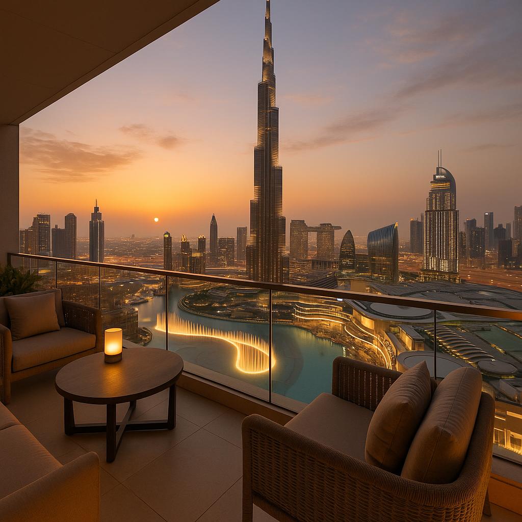 Balcony view of Burj Khalifa and Dubai Fountain