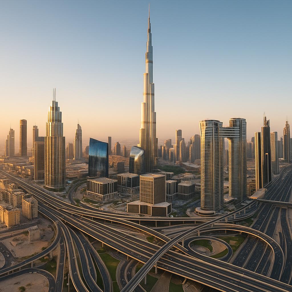 Address Sky View towers connected by skybridge with Burj Khalifa view