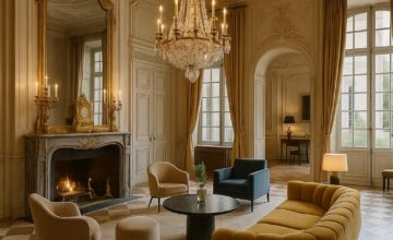 Lobby of Airelles Château de Versailles featuring historic architectural details and soft contemporary lighting