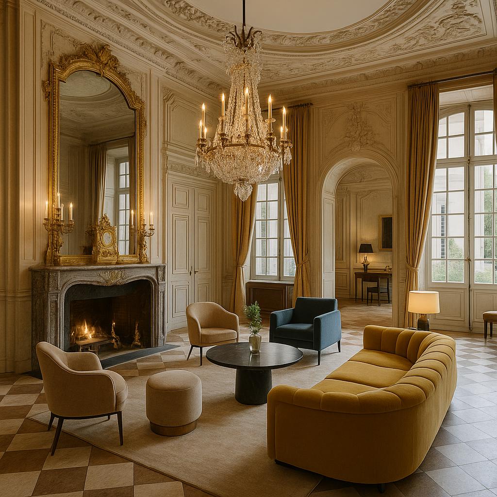 Lobby of Airelles Château de Versailles featuring historic architectural details and soft contemporary lighting