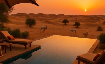 Al Maha dune-suite with infinity pool overlooking desert dunes at sunset