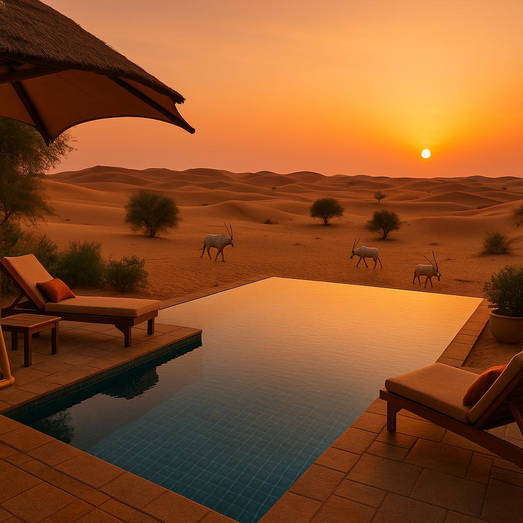 Al Maha dune-suite with infinity pool overlooking desert dunes at sunset