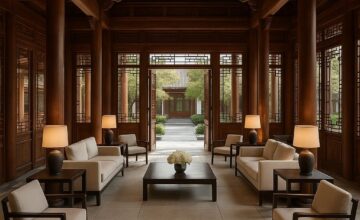 Aman Summer Palace lobby featuring elegant traditional woodwork and modern design