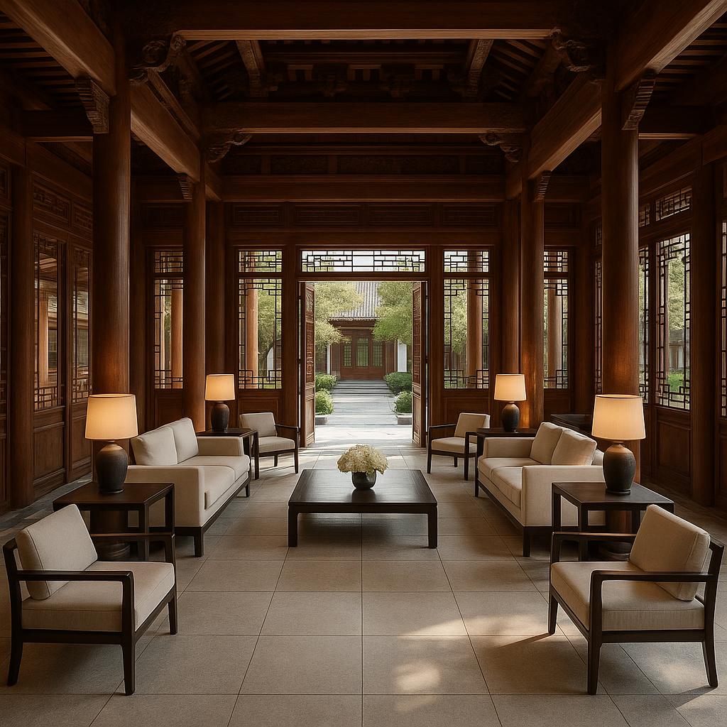 Aman Summer Palace lobby featuring elegant traditional woodwork and modern design