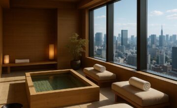 Serene spa area at Aman Tokyo with large city view windows