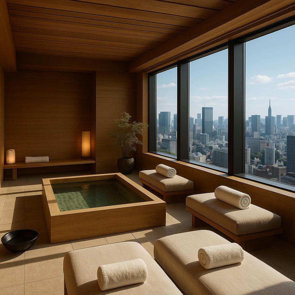 Serene spa area at Aman Tokyo with large city view windows