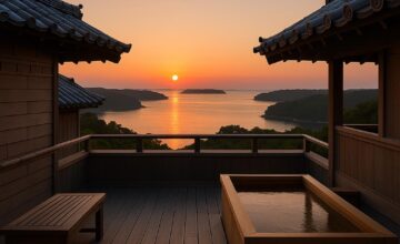 Sunrise view from Amanemu rooftop with ocean and roofs