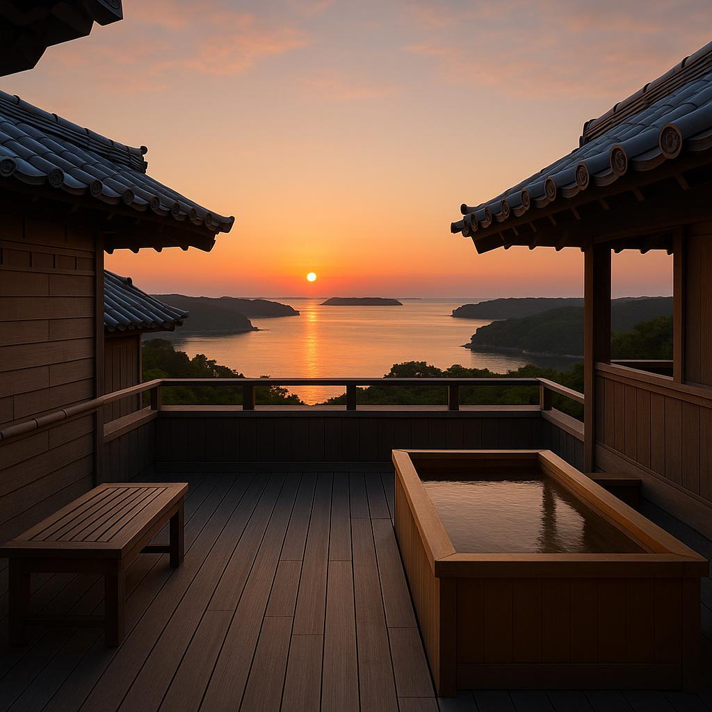 Sunrise view from Amanemu rooftop with ocean and roofs
