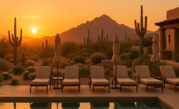 Amangiri pool and lounge area at sunset