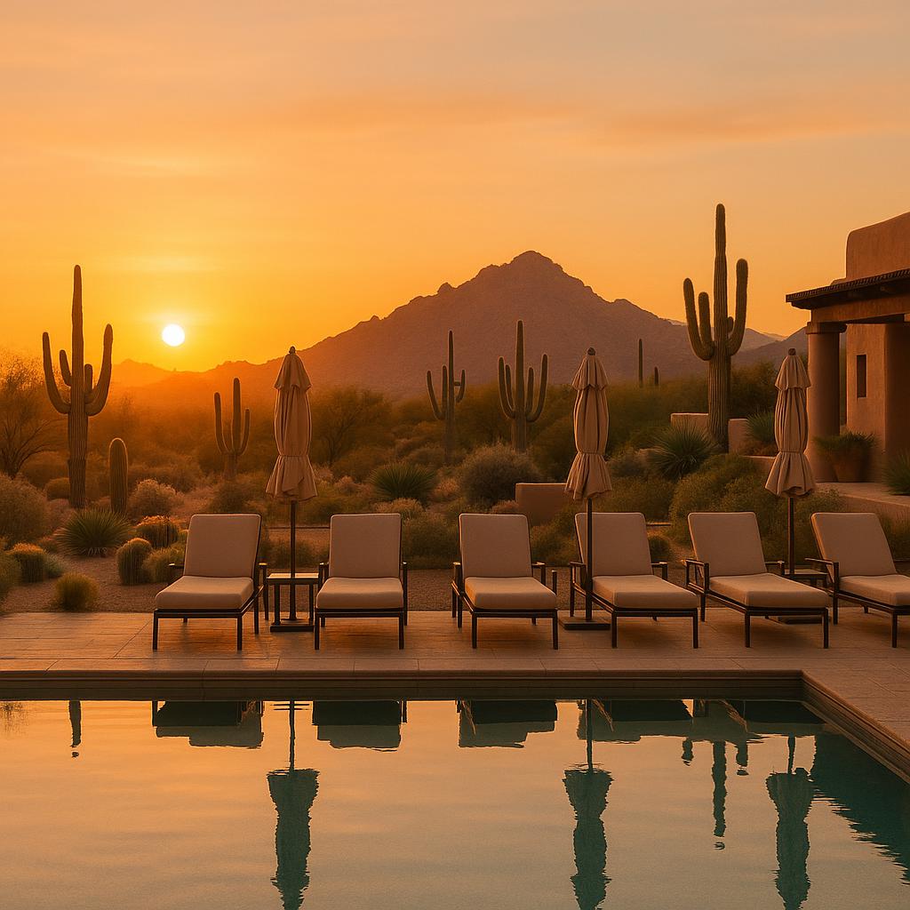 Amangiri pool and lounge area at sunset