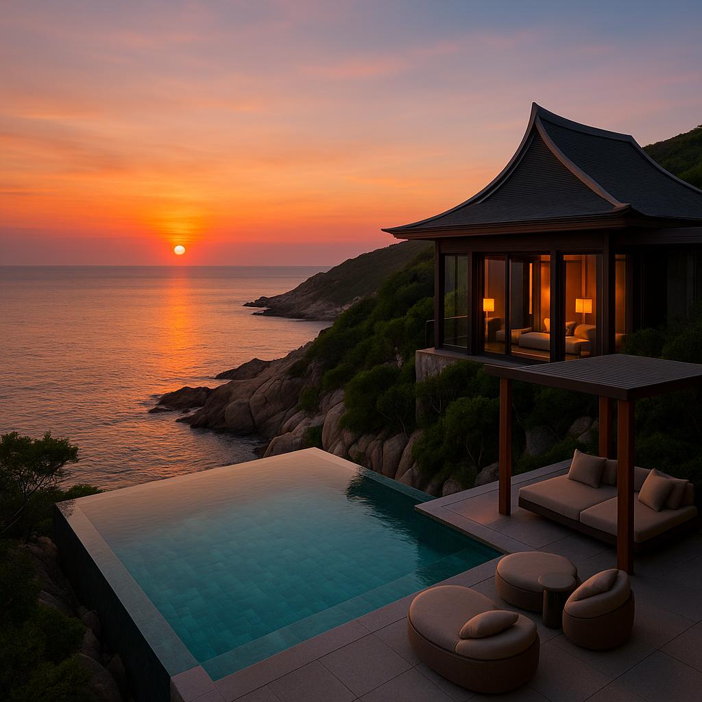 Clifftop villa at Amanoi resort overlooking ocean with private pool at sunset