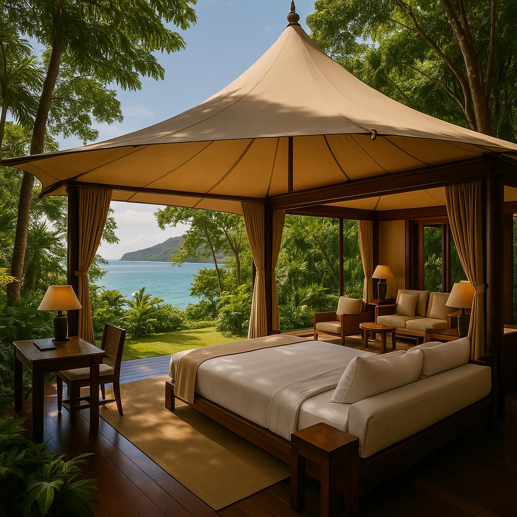 Amanwana luxury tented pavilion overlooking ocean and jungle