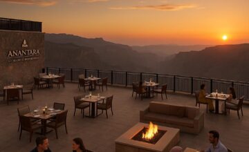 Sunset rooftop dining at Anantara Al Jabal Al Akhdar with panoramic mountain views