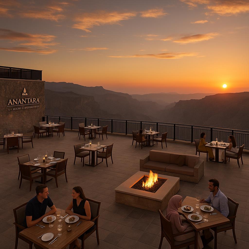 Sunset rooftop dining at Anantara Al Jabal Al Akhdar with panoramic mountain views