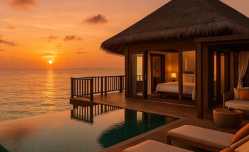 Anantara Kihavah Maldives overwater villa at sunset