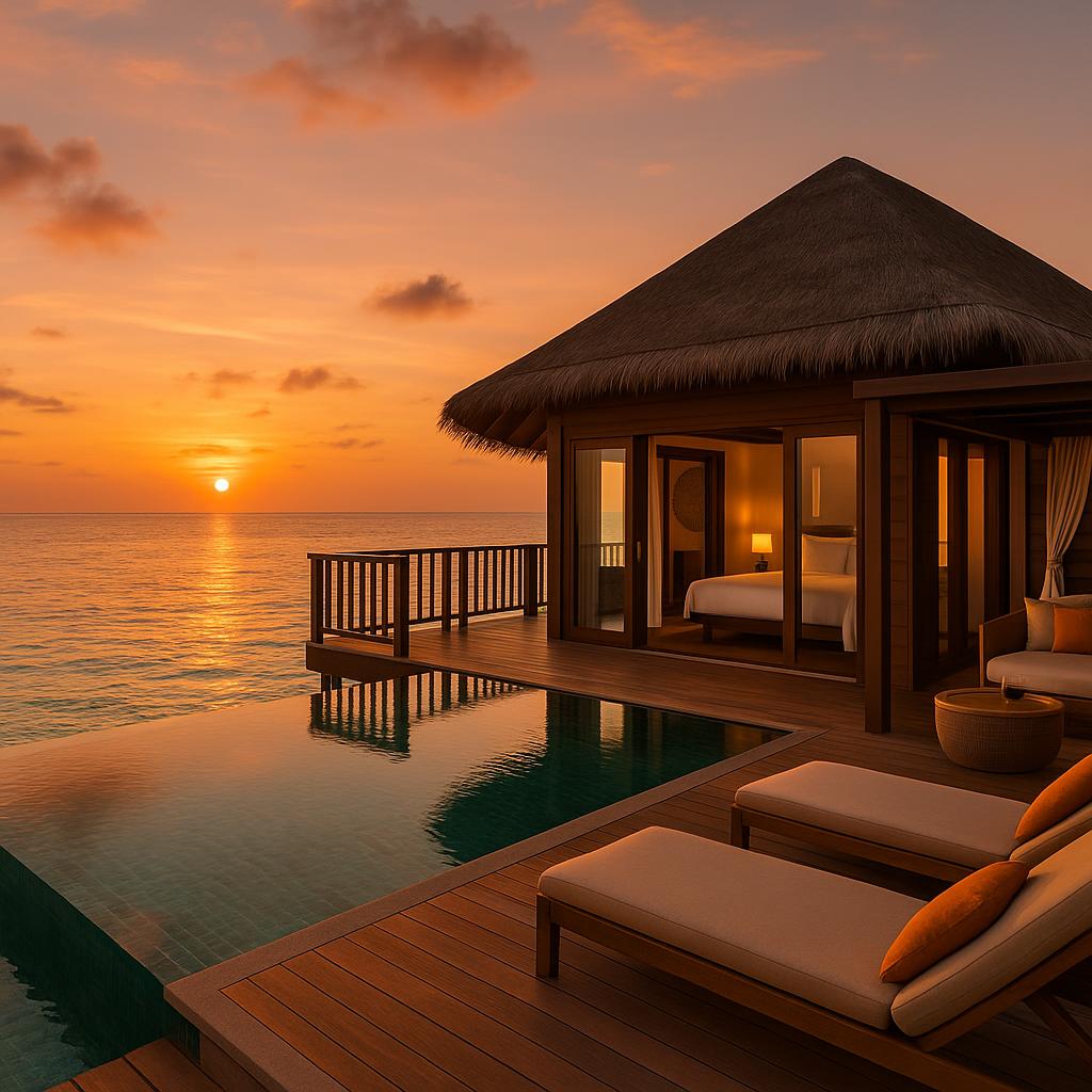 Anantara Kihavah Maldives overwater villa at sunset