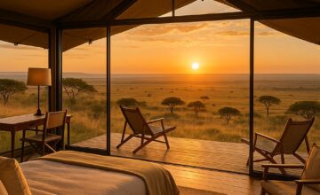 Luxury tent overlooking Maasai Mara plains at sunrise