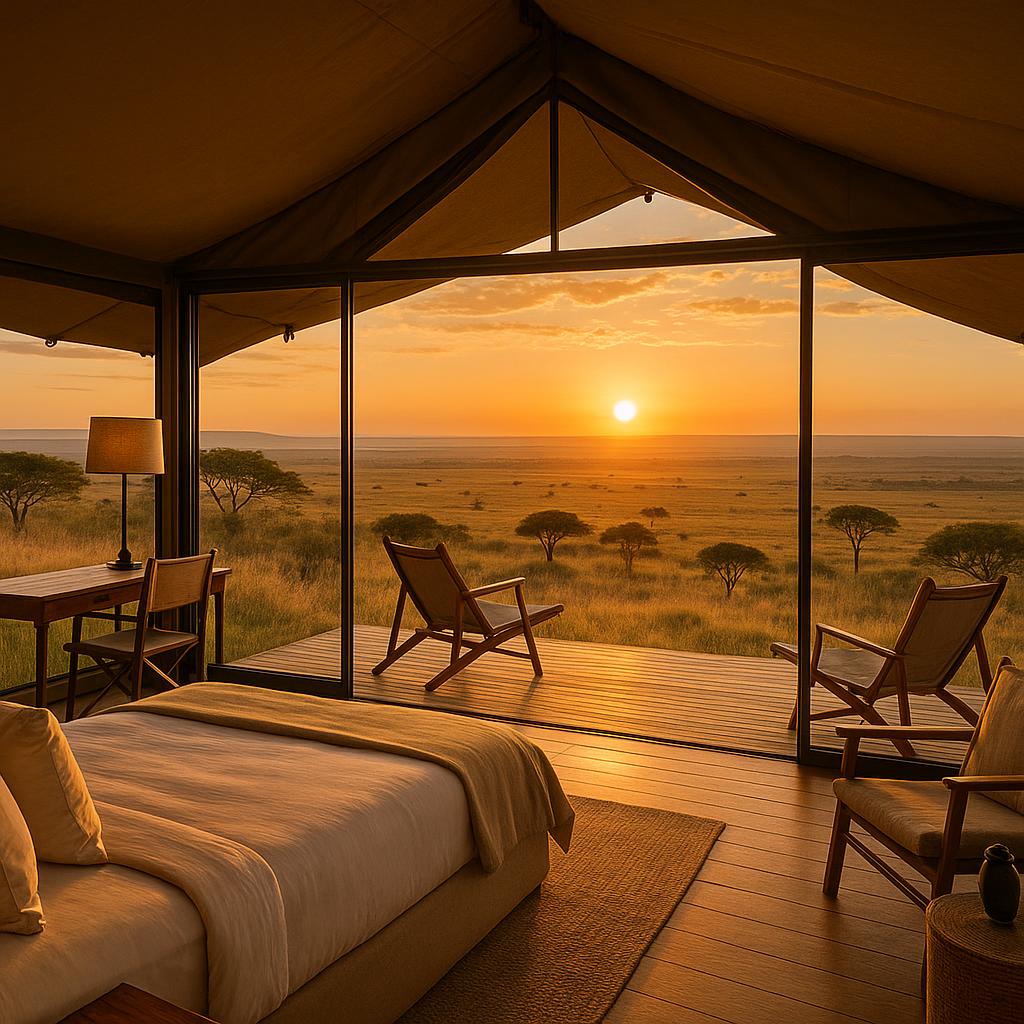 Luxury tent overlooking Maasai Mara plains at sunrise