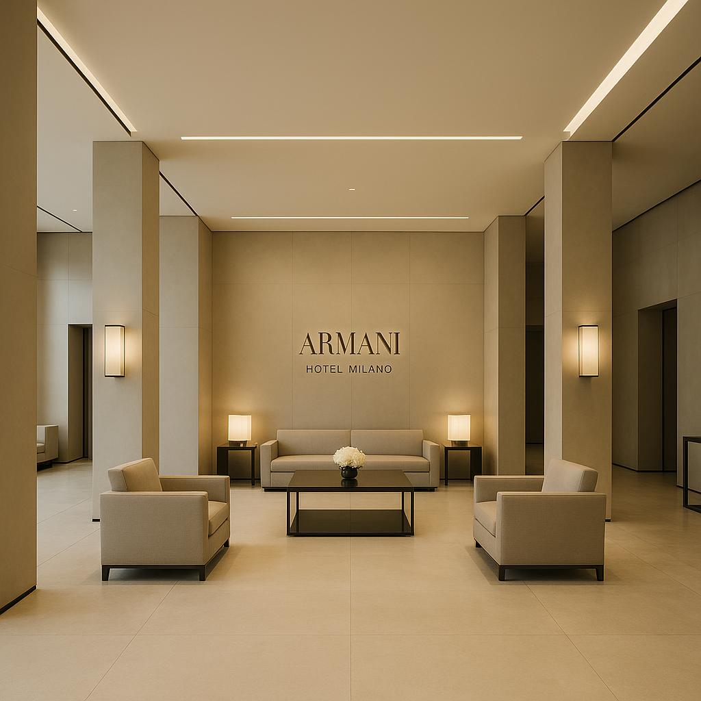 Armani Hotel Milano lobby with chic minimalist design and subtle lighting