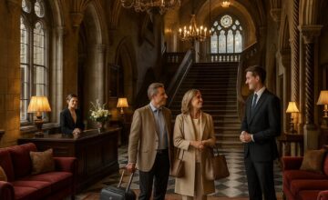 Elegant lobby of Ashford Castle with warm staff welcome