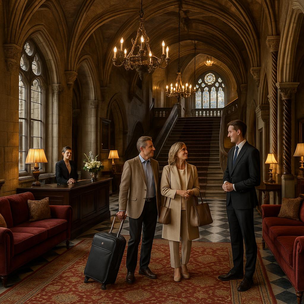 Elegant lobby of Ashford Castle with warm staff welcome
