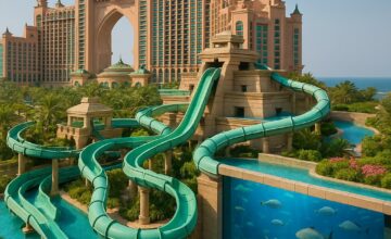 Aerial view of Atlantis The Palm resort with waterpark and aquarium