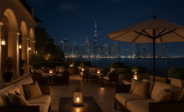 Auberge du Soleil outdoor terrace at night with skyline views