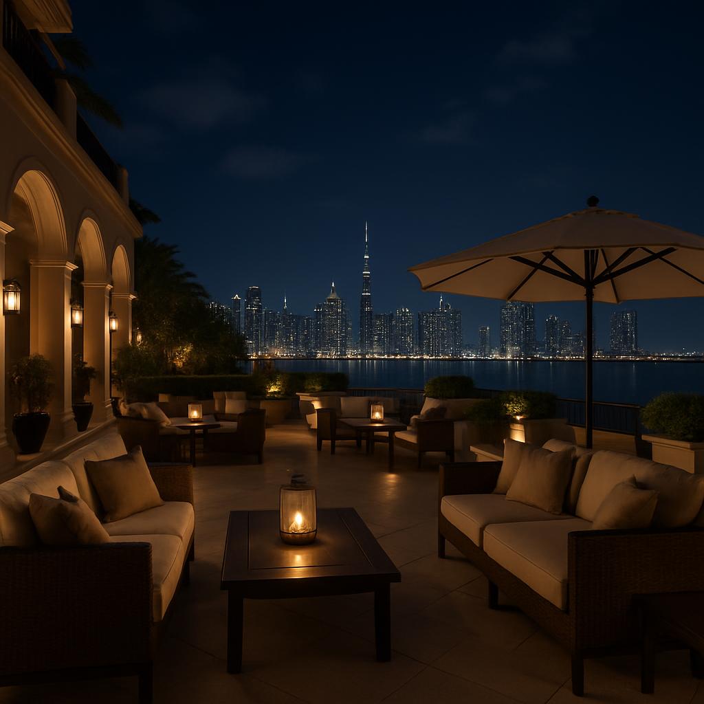 Auberge du Soleil outdoor terrace at night with skyline views