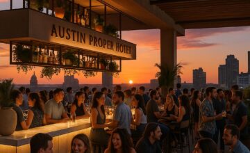 Austin Proper Hotel rooftop bar lively weekend scene