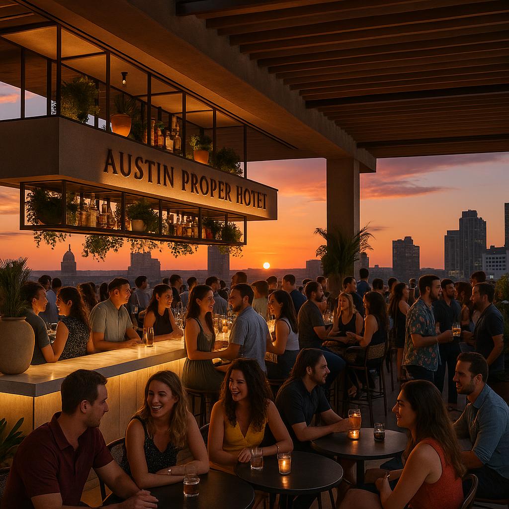 Austin Proper Hotel rooftop bar lively weekend scene