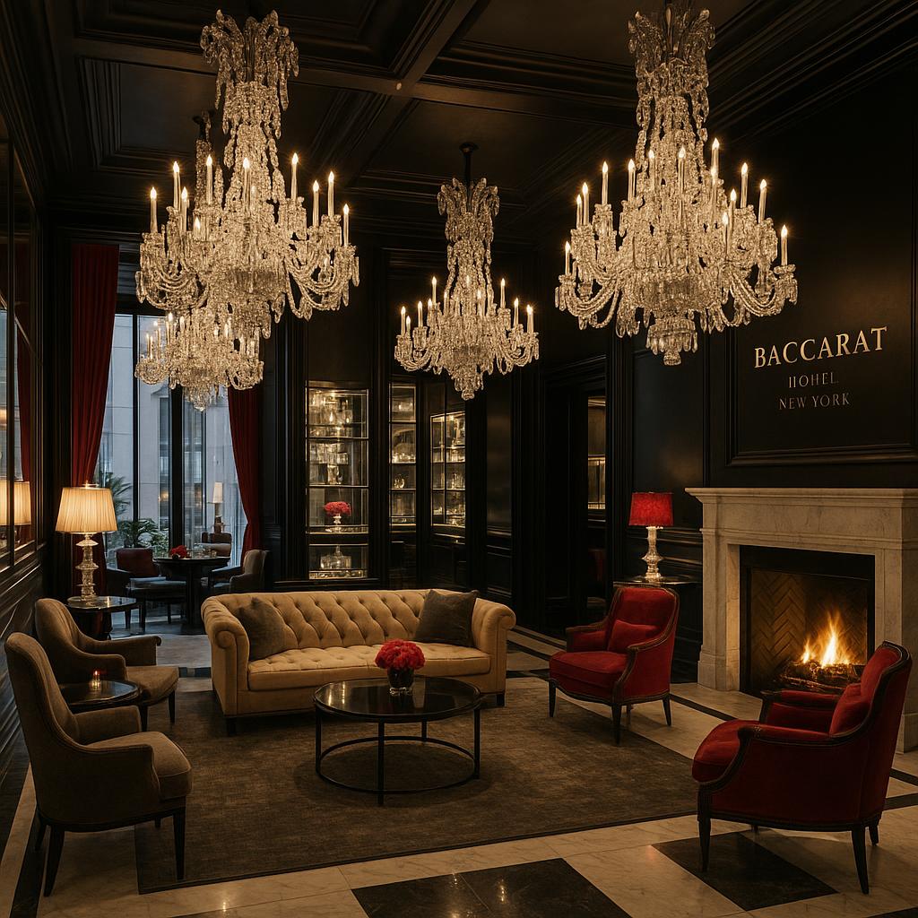 Baccarat Hotel New York lobby sparkling with crystal chandeliers