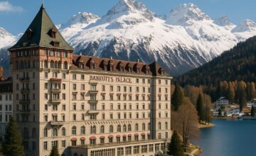 Badrutt's Palace Hotel exterior overlooking Lake St. Moritz