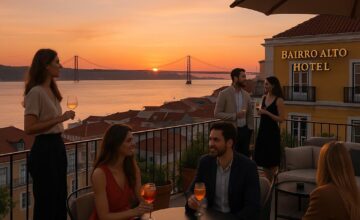 Bairro Alto Hotel rooftop terrace with river and sunset view