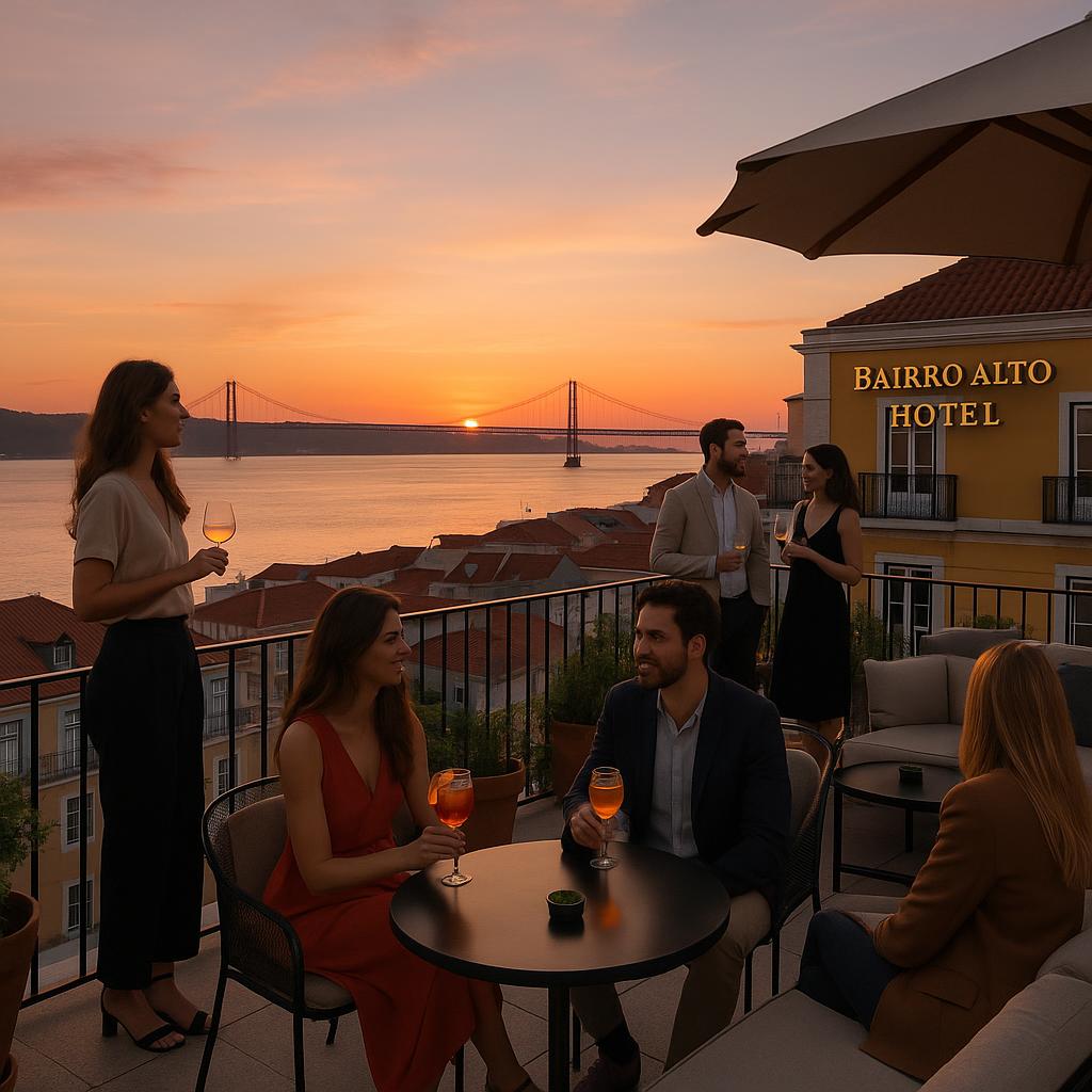 Bairro Alto Hotel rooftop terrace with river and sunset view