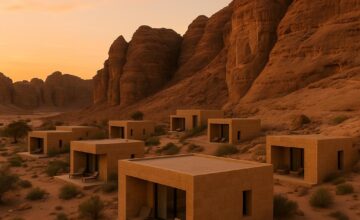 Banyan Tree AlUla sandstone suites blending into desert cliffs at sunset